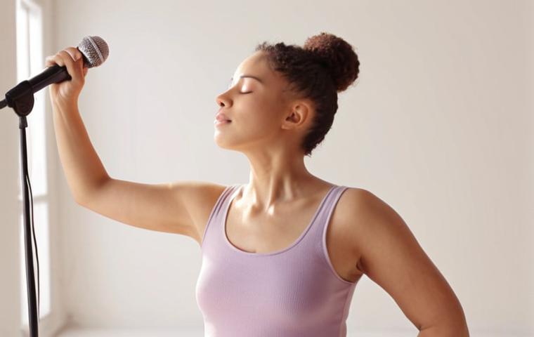 **
"A singer doing vocal warm-ups, stretching neck and shoulders, in a bright studio. Focus on relaxation and body awareness. Soft lighting, pastel colors."
**