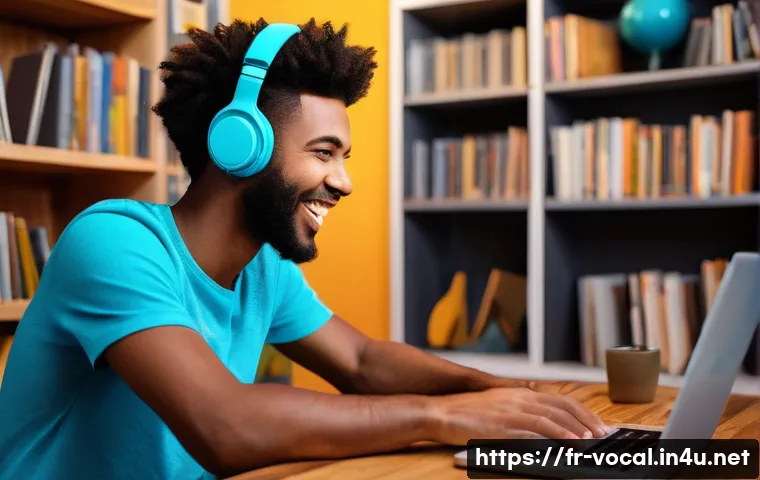 보컬트레이너 업계 동향 - **"A vibrant, dynamic illustration of a young adult (male or female) joyfully engaged in an online v...