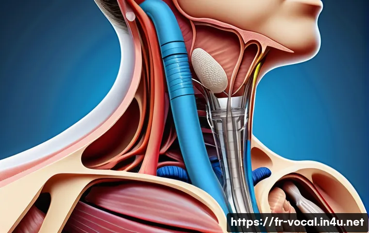 보컬트레이너 이론 시험 - A detailed anatomical illustration of the human vocal apparatus focusing on the larynx, vocal cords,...