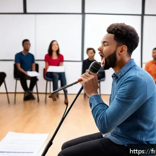 Home 30 보컬트레이너 자격증 비교 - A professional French vocal coach in a modern training studio, demonstrating vocal techniques to a d...