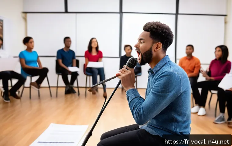 보컬트레이너 자격증 비교 - A professional French vocal coach in a modern training studio, demonstrating vocal techniques to a d...