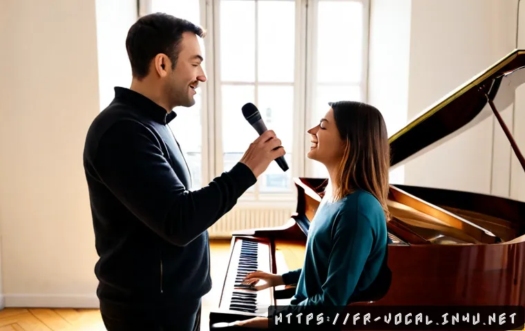 보컬트레이너 다양한 레슨 유형 - Photorealistic vocal coach leading a one-to-one singing lesson with an adult student in a bright Par...